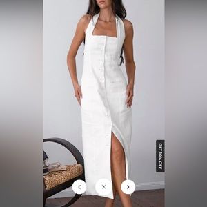 Tied Halter Open Back Cotton Linen Midi Dress